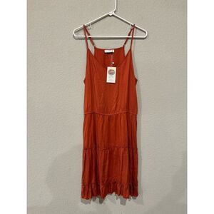 Elings Women's Spaghetti Strap Tiered A-Line Midi Dress Orange Size L NWT